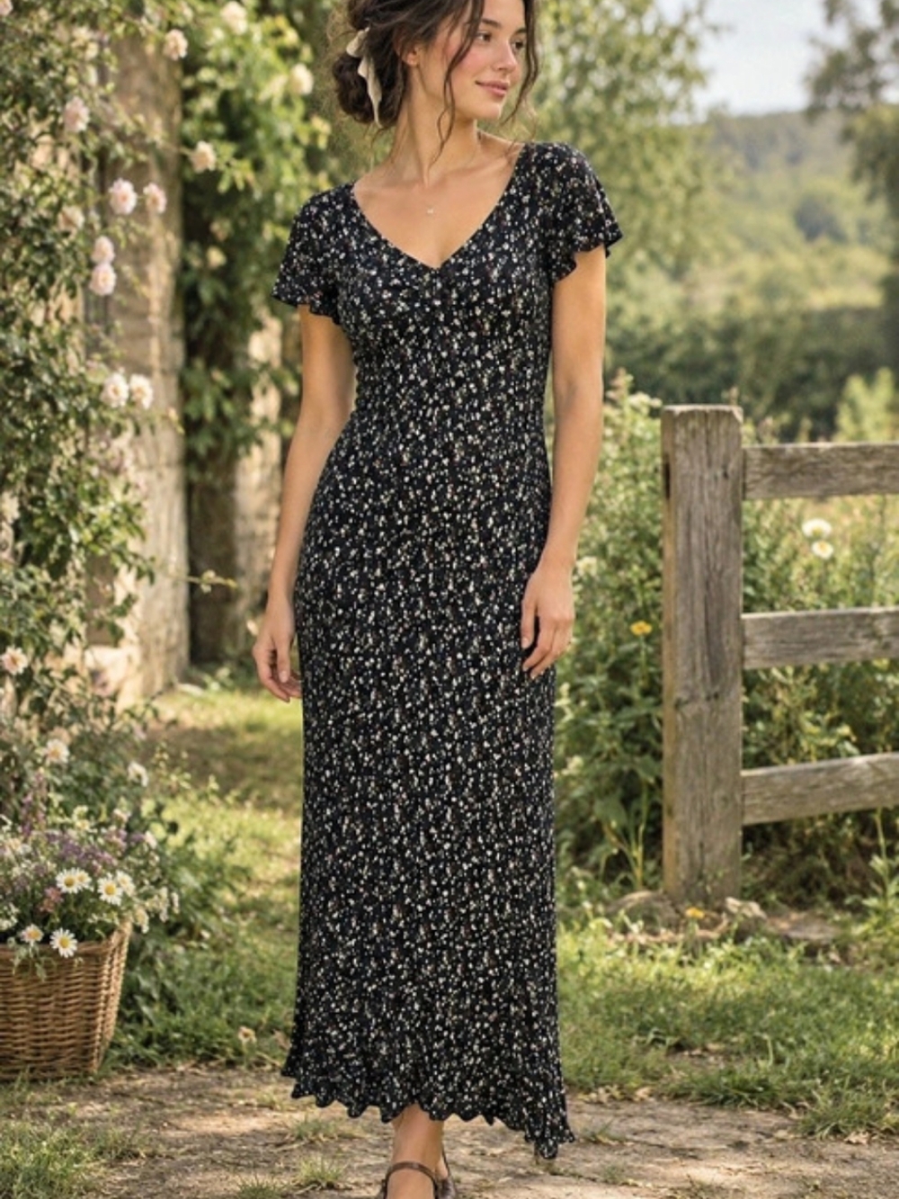 Chris & Carol Floral Ditsy Midi Dress V-Neck Ruffle fairycore Cottagecore S